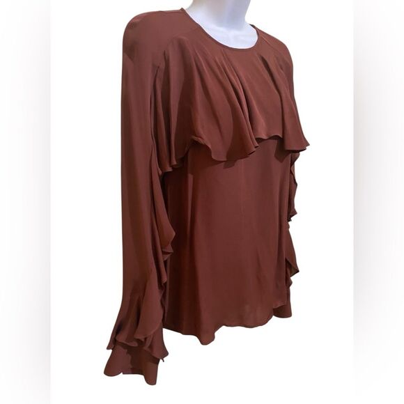Veronica Beard Mia Silk Ruffle Blouse Burt Orange Brown Semi Sheer Lux Size 2 - Picture 7 of 13
